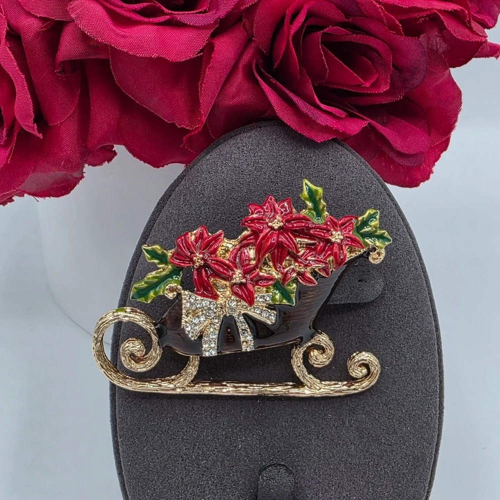 Vintage Anne Klein Christmas Sleigh Poinsettia Brooch Enamel Rhinestones Holiday
